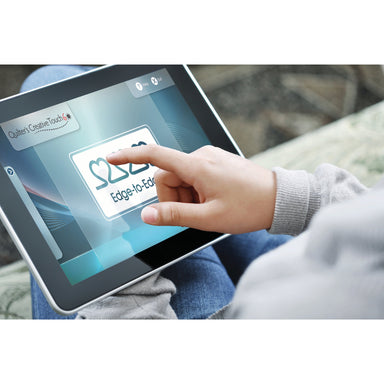 Hand interacting with a tablet displaying a digital interface.
